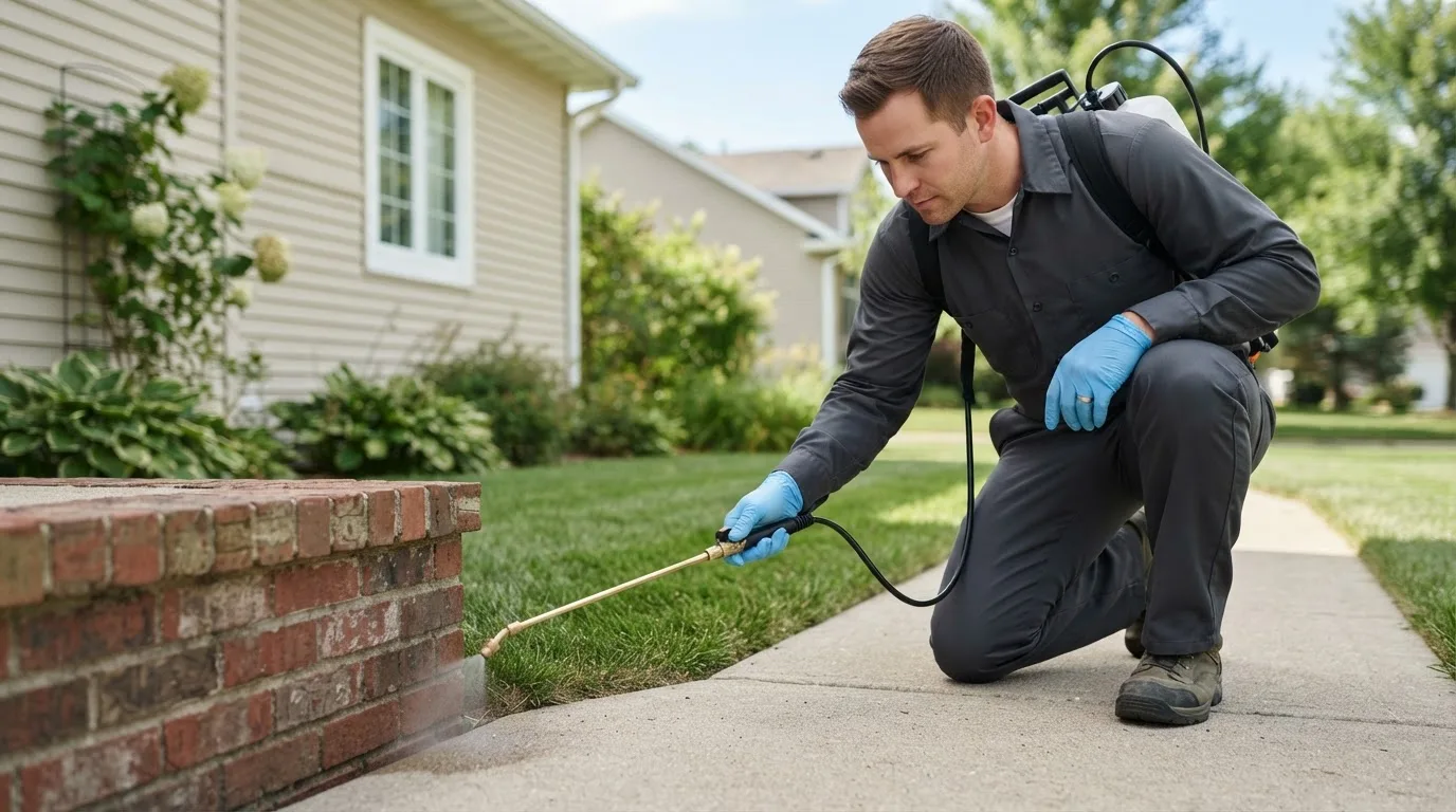 Pest control technician treating a home near Pratt, KS